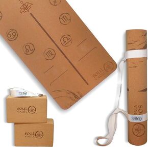 Soul Vault-Premium Thick Cork Yoga Mat-Cork Yoga Large Blocks Set- Yoga Stretching Strap-Yoga Mat with Guide Lines for Positions-Non-Slip Yoga Mat
