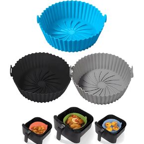 Air Fryer Silicone Cooker, 3 Pack Air Fryer Silicone Basket Bowl Holds 3 to 5 Quart Silicone Griddle Pot Reusable Baking Tray Oven Accessories (Black, gray, blue, 6.9inch)