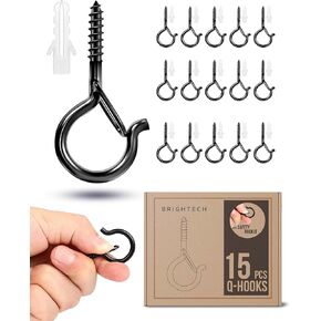 Brightech String Light Screw Hooks - Ceiling Hooks for Hanging Solar, Plug-in Lights, Outdoor String Lights - Q Hooks with Safety Buckle Design for Porch, Patio - 15 Pack, Black