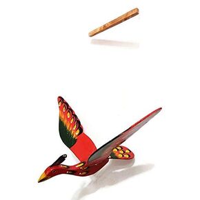 Red Bird Mobile Wood Carved Hand Painting Wooden Hanging Horn Bill Porch Decor