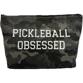 Quilted Koala Pickleball Obsessed Clutch/Makeup Bag Camouflage with Silver Tone Glitter, Green