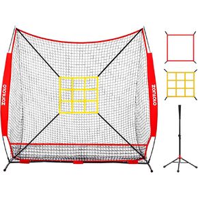 7×7FT Baseball Net with Tee,2 Strike Zones, Simple but Sturdy Construction with Non-Slip Rubber Bow legs, Easy Set Up and Take down, Great for all Levels' Pitching,Hitting,Fielding Practice.