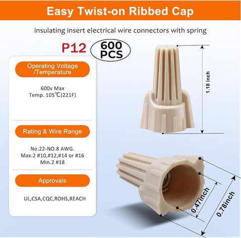 600 PCS Tan Wire Nuts,Winged Electrical Wire End Connectors Caps, Heavy Duty Easy Twist-On and Easy Screw On Type Ribbed Cap,Nuts 22-8 AWG,HS P12 Type Screw Terminals for Connect Electrical Wiring in Saudi Arabia