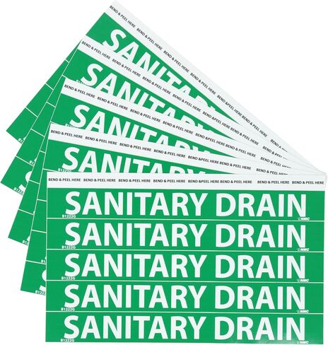 علامة أنابيب NMC B1222G، Legend "SANITARY DRAIN"، طول 9 بوصة × ارتفاع 1 بوصة، حجم حرف 3/4 بوصة، فينيل حساس للضغط، أبيض على أخضر (عبوة من 25 قطعة) in Saudi Arabia