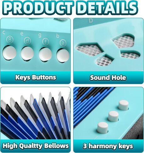 أكورديون، أكورديون تحكم بـ 10 مفاتيح، أداة للمبتدئين، مناسبة للمنزل والفصول الدراسية، اختيار هدية للأولاد والبنات فوق سن 3 سنوات (أزرق سماوي) in Kuwait