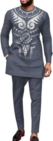 ملابس أفريقية للرجال Dashiki قمصان أفريقية بأكمام طويلة وبنطلون ذهبي وفضي مطبوع أطقم ملابس أفريقية للرجال in Kuwait