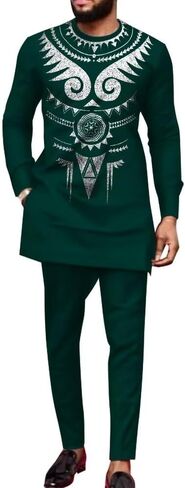 ملابس أفريقية للرجال Dashiki قمصان أفريقية بأكمام طويلة وبنطلون ذهبي وفضي مطبوع أطقم ملابس أفريقية للرجال in Kuwait