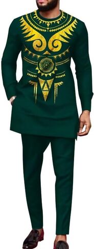 ملابس أفريقية للرجال Dashiki قمصان أفريقية بأكمام طويلة وبنطلون ذهبي وفضي مطبوع أطقم ملابس أفريقية للرجال in Kuwait