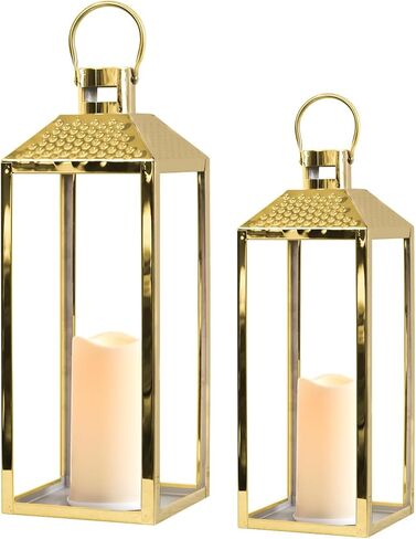 Lanterns Decorative Outdoor Set of 2 19’’&15.5’’ Modern Stainless Steel Lanterns with LED Candles Large Decorative Candle Lanterns for Living Room Indoor Outdoor Porch Patio Home Decor in Saudi Arabia