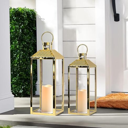 Lanterns Decorative Outdoor Set of 2 19’’&15.5’’ Modern Stainless Steel Lanterns with LED Candles Large Decorative Candle Lanterns for Living Room Indoor Outdoor Porch Patio Home Decor in Saudi Arabia