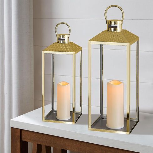 Lanterns Decorative Outdoor Set of 2 19’’&15.5’’ Modern Stainless Steel Lanterns with LED Candles Large Decorative Candle Lanterns for Living Room Indoor Outdoor Porch Patio Home Decor in Saudi Arabia