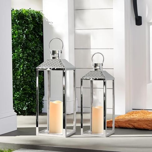 Lanterns Decorative Outdoor Set of 2 19’’&15.5’’ Modern Stainless Steel Lanterns with LED Candles Large Decorative Candle Lanterns for Living Room Indoor Outdoor Porch Patio Home Decor in Saudi Arabia