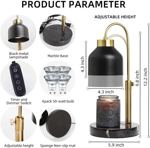 Candle Warmer Lamp with Timer Adjustable Height Black Marble Base, Electric Candle Lamp Warmer Light Dimmable Candle Melter lamp Candle Warming Lamp Compatible Jar Candles Size in Saudi Arabia