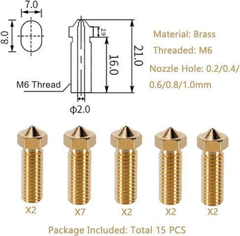 طقم فوهات 15 قطعة لـ Anycubic Vyper، طابعة ثلاثية الأبعاد 7 قطع فوهات نحاسية 0.4 مم و2 قطعة فوهات نحاسية 0.2 مم، 0.6 مم، 0.8 مم، 1.0 مم لمجموعة فوهات نحاسية لـ Anycubic Vyper، Kobra Plus، Kobra Max in Kuwait