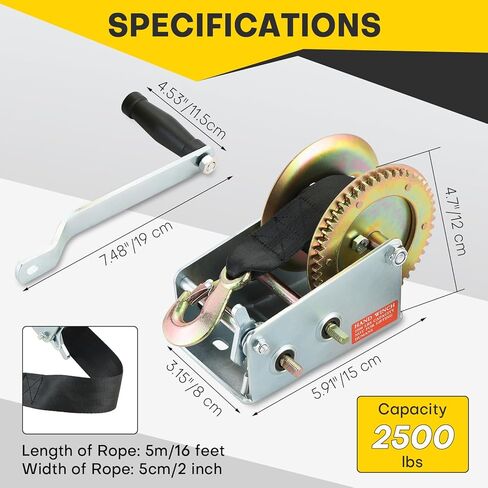 ونش يدوي، 2500 رطل ونش مقطورة قارب عالي التحمل مع حزام 16 قدم، ترس سقاطة ثنائي الاتجاه لسحب قارب المقطورة مع مقبض كرنك in Kuwait