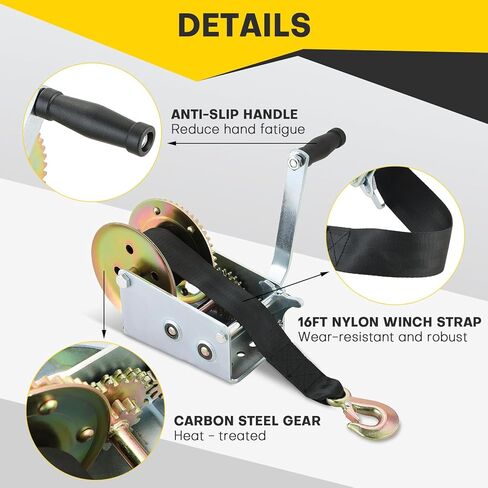 ونش يدوي، 2500 رطل ونش مقطورة قارب عالي التحمل مع حزام 16 قدم، ترس سقاطة ثنائي الاتجاه لسحب قارب المقطورة مع مقبض كرنك in Kuwait
