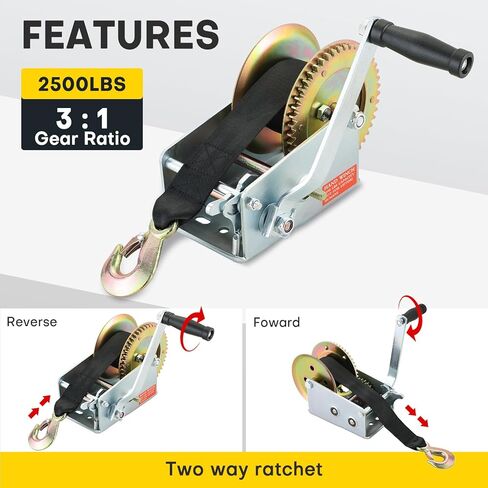 ونش يدوي، 2500 رطل ونش مقطورة قارب عالي التحمل مع حزام 16 قدم، ترس سقاطة ثنائي الاتجاه لسحب قارب المقطورة مع مقبض كرنك in Kuwait