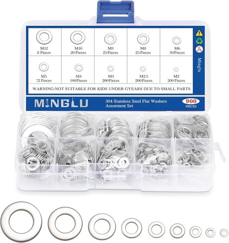 Minglu Washers, 900 Pcs Washers for Screws, 304 Stainless Steel Flat Washers, Flat Washers for Bolts Assortment, Assorted Hardware Lock Metal Washers Kit (9 Sizes-M2 M2.5 M3 M4 M5 M6 M8 M10 M12) in Kuwait