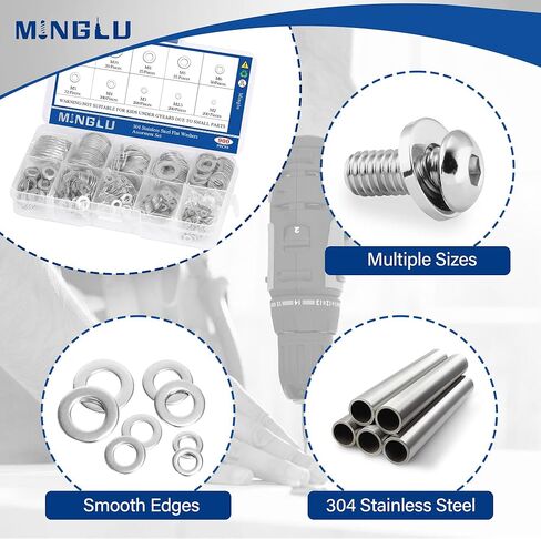 Minglu Washers, 900 Pcs Washers for Screws, 304 Stainless Steel Flat Washers, Flat Washers for Bolts Assortment, Assorted Hardware Lock Metal Washers Kit (9 Sizes-M2 M2.5 M3 M4 M5 M6 M8 M10 M12) in Kuwait