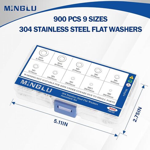 Minglu Washers, 900 Pcs Washers for Screws, 304 Stainless Steel Flat Washers, Flat Washers for Bolts Assortment, Assorted Hardware Lock Metal Washers Kit (9 Sizes-M2 M2.5 M3 M4 M5 M6 M8 M10 M12) in Kuwait