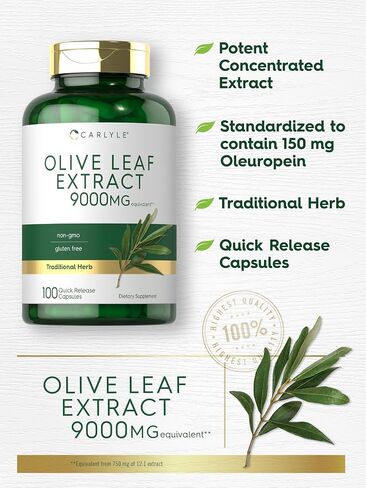 Carlyle Olive Leaf Extract Capsules | 9000mg | 200 Count | Non-GMO, Gluten Free | High Potency Supplement in Saudi Arabia