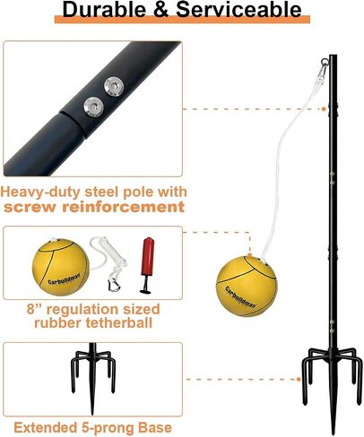 Garbuildman Tetherball Set with Ball & Rope for Outdoor Backyard, Adjustable Tether Ball Pole with Screw Reinforcement 5-Prong Base for Playground, Outside Ball Games Sports for Kids & Adults in Saudi Arabia