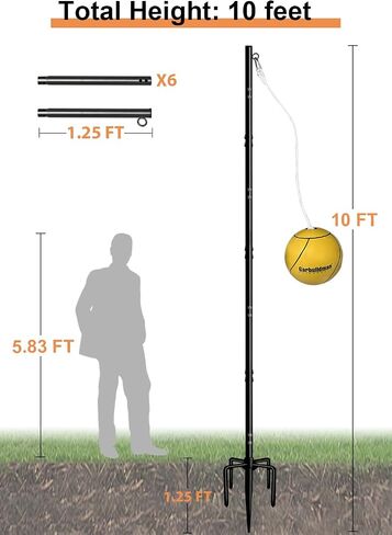 Garbuildman Tetherball Set with Ball & Rope for Outdoor Backyard, Adjustable Tether Ball Pole with Screw Reinforcement 5-Prong Base for Playground, Outside Ball Games Sports for Kids & Adults in Saudi Arabia
