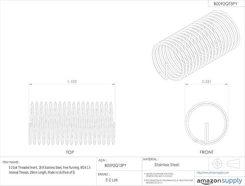 E-Z Lok Threaded Insert, 18-8 Stainless Steel, Helical, M14-2.0 Internal Threads, 28mm Length (Pack of 5) in Saudi Arabia