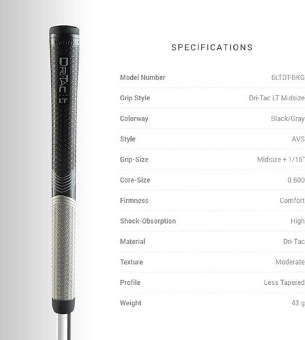 WINN DRI-TAC LT MIDSIZE Golf Grip - Non-Slip Comfort, Moisture-Wicking, Shock Absorption, AVS Technology, Hand Alignment & Arthritis Relief, Better Control with Lighter Grip Pressure, Ideal for Hand Injuries, Less Tapered Profile for Easier Gripping in Saudi Arabia