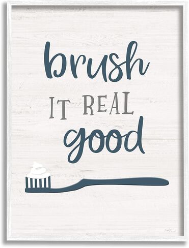 Stupell Industries Brush It Real Good Phrase Dental Hygiene Humor، من تصميم ناتالي كاربنتيري، لوحة فنية جدارية مؤطرة باللون الأبيض، 16 × 20، أزرق in Saudi Arabia