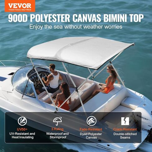 VEVOR 3 Bow Bimini Top Boat Cover, 900D Polyester Canopy with 1" Aluminum Alloy Frame, Waterproof and Sun Shade, Includes Storage Boot, 4 Straps, 2 Support Poles, 6'L x 46"H x 67"-72"W, Pacific Blue in Saudi Arabia