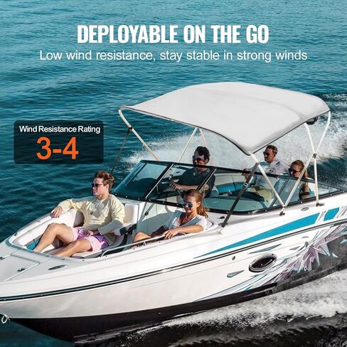 VEVOR 3 Bow Bimini Top Boat Cover, 900D Polyester Canopy with 1" Aluminum Alloy Frame, Waterproof and Sun Shade, Includes Storage Boot, 4 Straps, 2 Support Poles, 6'L x 46"H x 67"-72"W, Pacific Blue in Saudi Arabia