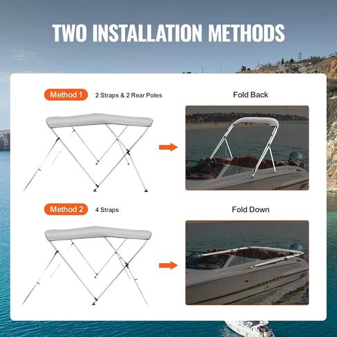 VEVOR 3 Bow Bimini Top Boat Cover, 900D Polyester Canopy with 1" Aluminum Alloy Frame, Waterproof and Sun Shade, Includes Storage Boot, 4 Straps, 2 Support Poles, 6'L x 46"H x 67"-72"W, Pacific Blue in Saudi Arabia