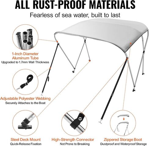 VEVOR 3 Bow Bimini Top Boat Cover, 900D Polyester Canopy with 1" Aluminum Alloy Frame, Waterproof and Sun Shade, Includes Storage Boot, 4 Straps, 2 Support Poles, 6'L x 46"H x 67"-72"W, Pacific Blue in Saudi Arabia