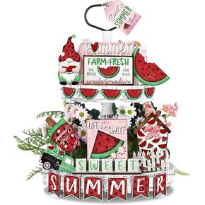 26 Pcs Summer Tiered Tray Decor Sets Beach Gnome Farmhouse Hello Summer Wood Sign Wood Summer Tiered Tray Decorations Set Kitchen Decor Sets Tabletop Accessories for Summer Shelf Kitchen Table