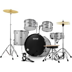 VEVOR Adult Drum Set, 5-Piece, 22 inches Complete Full Size Drum Kit with Bass Toms Snare Floor Drum Adjustable Throne Stands Cymbal Hi-Hat Pedal and Drumsticks, Beginner Drum Kit for Adults, Silver in Kuwait