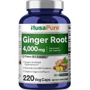NusaPure Ginger Root Capsules 4000 mg per Veggie Caps | 220 Count | Non-GMO | 20:1 Extract