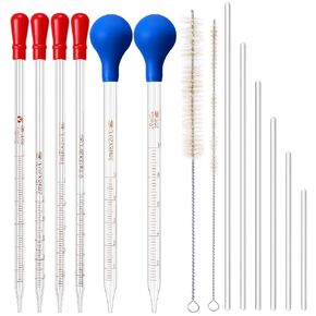 14 Pcs Glass Graduated Droppers Set Include 6 Pipettes Dropper 0.5ml 1ml 2ml 3ml 5ml 10ml with 6 Glass Stir Rod and 2 Washing Brushes for Lab Liquid Essential Oils Experiments Supply