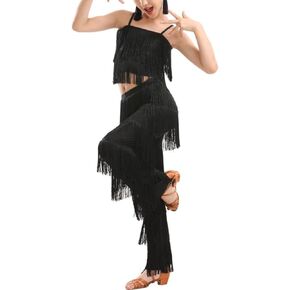 ZUCKY Women's Latin Tassel Dance top and Pant 2 piece sets for Ballroom Rumba Tango Salsa
