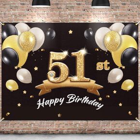 Happy 51st Birthday Banner Backdrop - 51 Birthday Party Decoration Supplies for Men - Black Gold 4 x 6ft