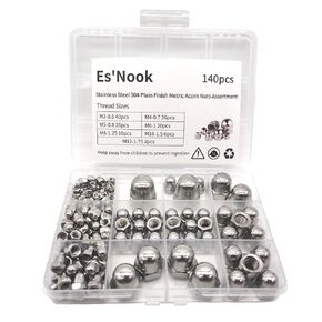 140PSC Stainless Steel 304 Plain Finish Metric Acorn Nuts Assortment Contains M3-0.5 M4-0.7 M5-0.8 M6-1 M8-1.25 M10-1.5 M12-1.75 Seven Thread Sizes