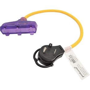 Parkworld 885880 RV 30A to (3) 15A Household Tri Outlet Adapter Cord 125V, TT-30P male with handle and lighted to (3) 5-15R with (2FT)