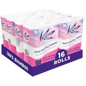 Bim Bam Boo 2-Ply Tree-Free Strength Premium Bamboo Paper Towels, 16 Rolls of 100% Bamboo Kitchen Towels