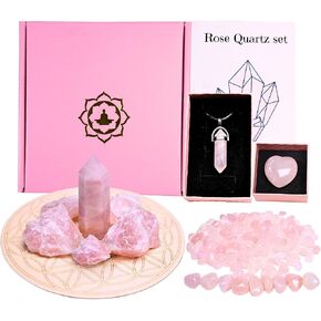 Rose Quartz Crystal Healing Set - includes Pillar, Tumbled Stones, Raw Stones, Necklace, Heart, Chips - Perfect for Meditation, Chakra Balancing, Reiki, and Home Decoration