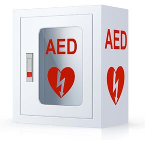 AED Cabinet Wall Mounted, Metal Steel Plate Storage Cabinet with Snap Lock, Transparent Window Fits All Brands of AED Defibrillators, 14 x 7.8 x 15.7 Inch