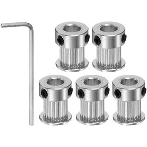 5pcs 2GT Timing Pulley 20 Teeth 8mm Bore 16mm Dia. Aluminum Timing Belt Pulley with 2mm Hex Key Wrench for 10mm Width Belt 3D Printer CNC Machine Accessories, Silver Tone