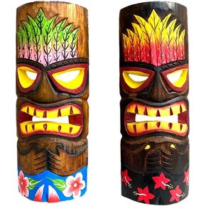 OMA Set Of (2) Wooden Hand Crafted Tiki Masks With Vibrant Tropical Design & Stunning Details 12" High