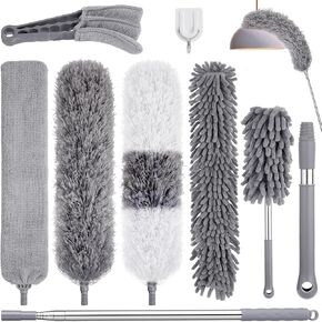 Duster with 30-100 Inches Adjustable Long Pole,Extendable Feather Duster for Cleaning Ceiling Chandelier,Furniture, Blinds and Furniture(Blue)