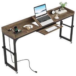 Adjustable Overbed Table with Wheels, Queen Size Mobile Over Bed Table with Tilt Stand and Outlets & USB Ports, Deep Grey