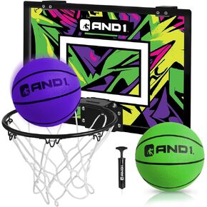 AND1 Over the Door Mini Basketball Hoop: 18x12 Shatterproof Backboard, 2 Mini Basketballs, and Hand Pump Included- Ultimate Indoor Basketball Accessory for Kids and Adults, No Tools Required